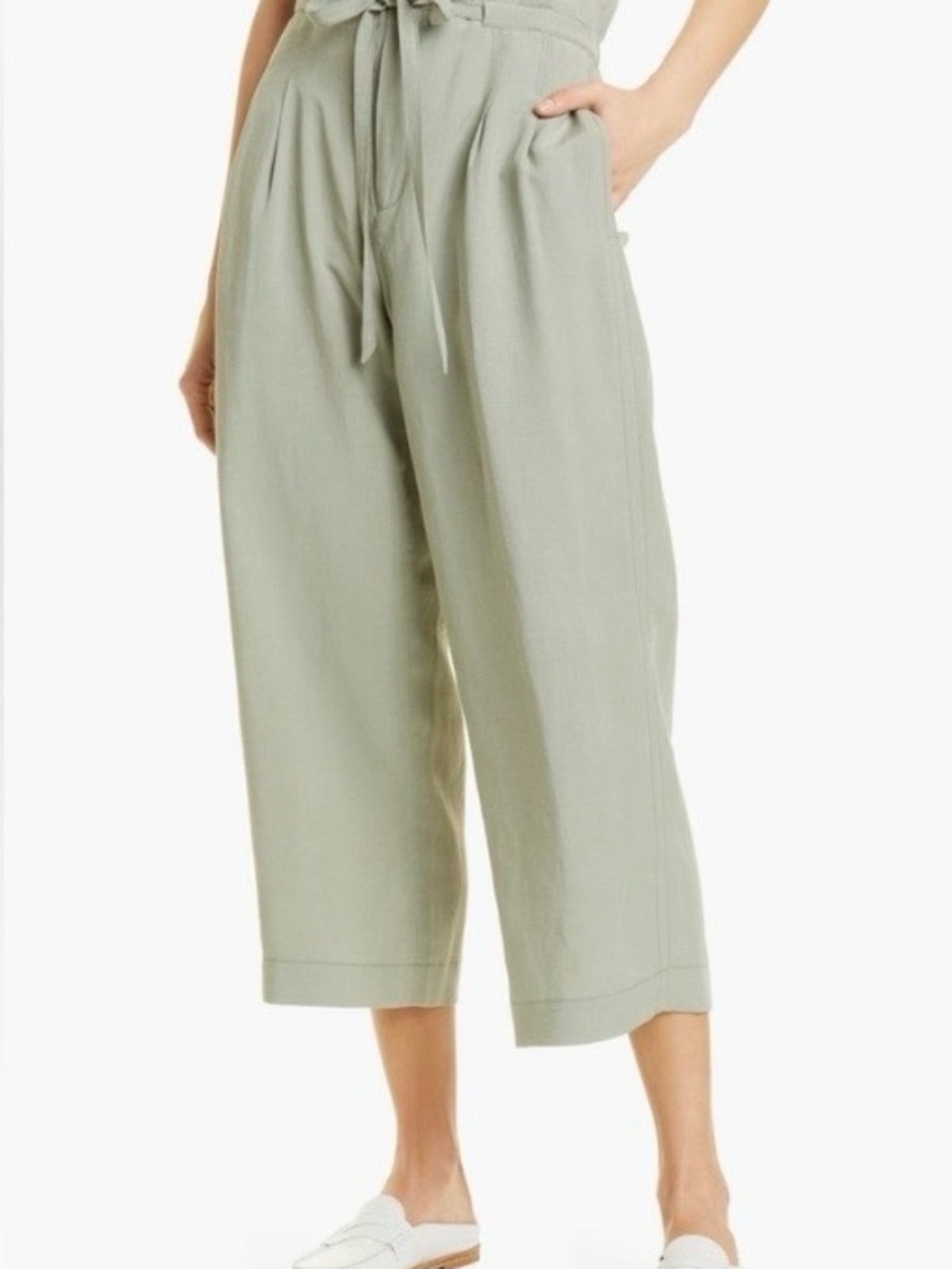 Club Monaco Sage Green Paper bag Wide-Leg linen / lyocell Cropped Pants